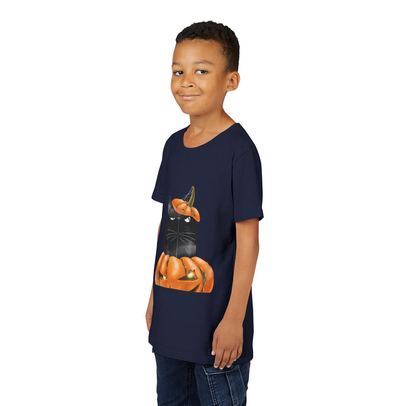 Pumpkin Cat tee in Navy, worn by a boy
