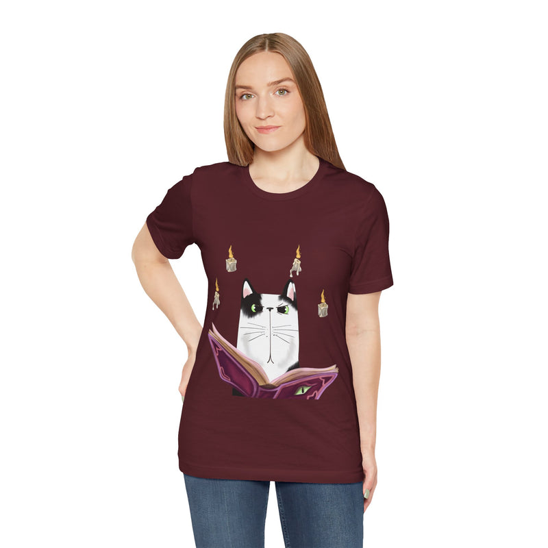 Wizard Cat tee in Maroon, worn by a woman