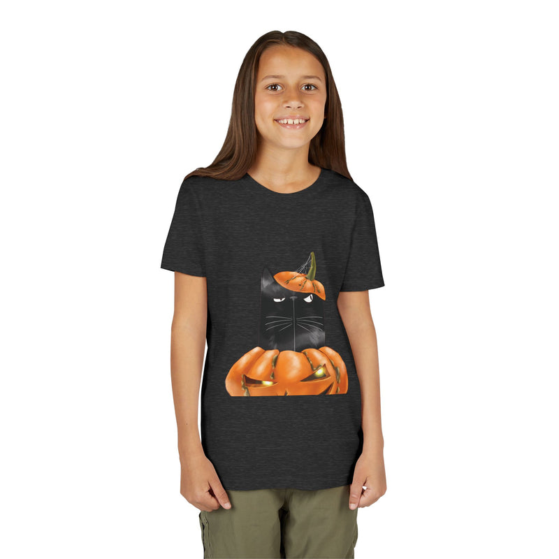 Pumpkin Cat tee in Dark Grey Heather, worn by a girl