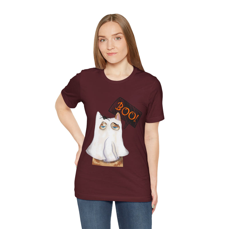 Ghost Cat tee in Maroon, worn by a woman