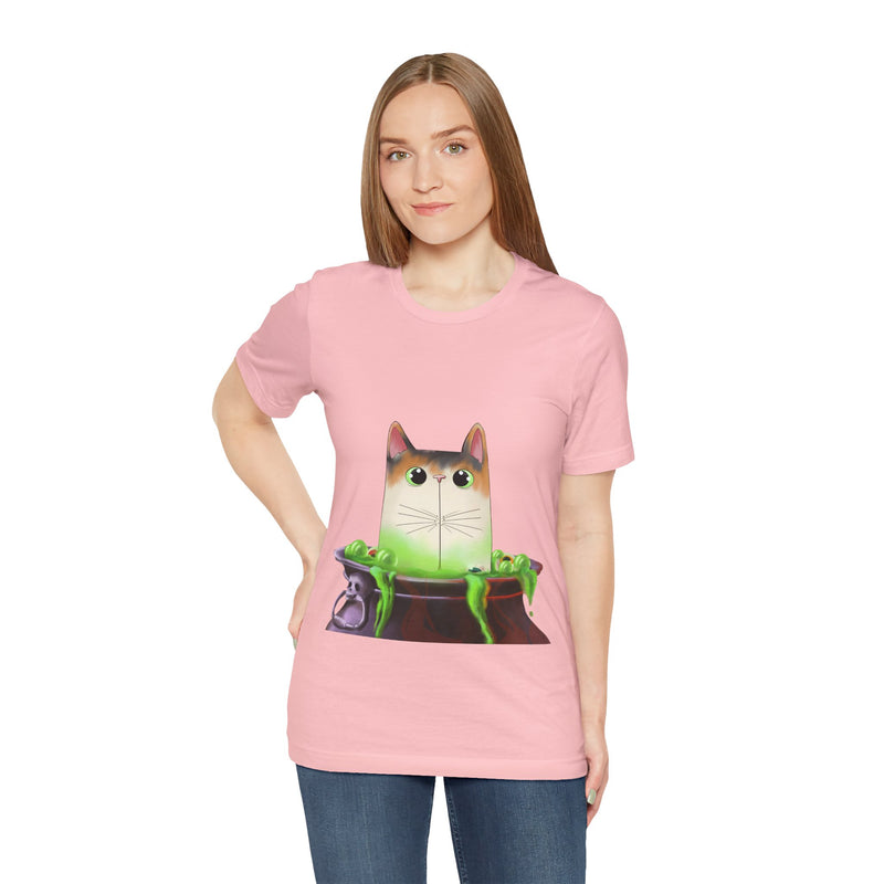 Cauldron Cat tee in Pink, worn by a woman