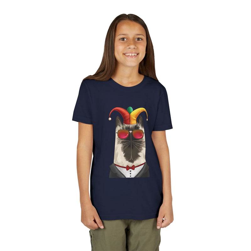 Kid wearing the Jester Cat tee in Navy