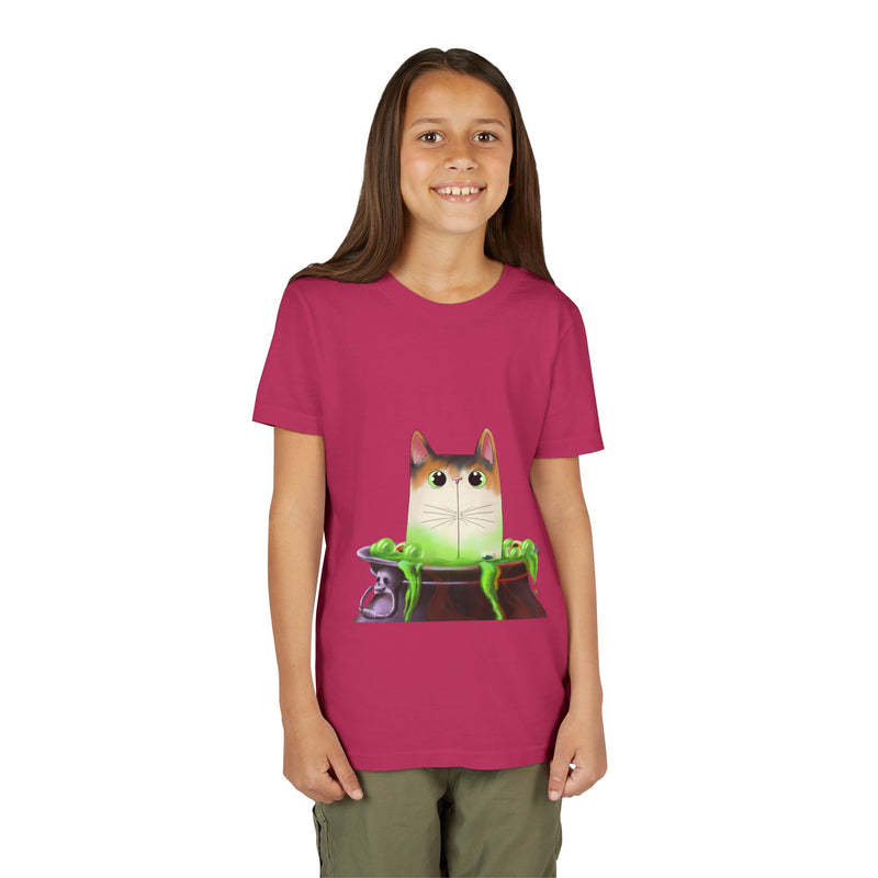 Cauldron Cat tee in Berry, worn by a girl