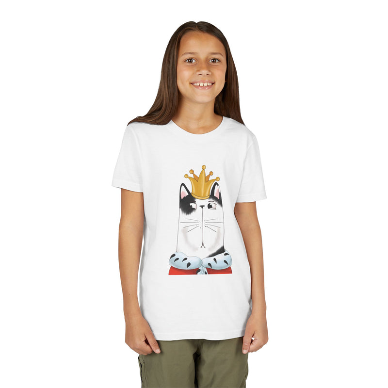 Kid wearing the Royal Cat tee in White