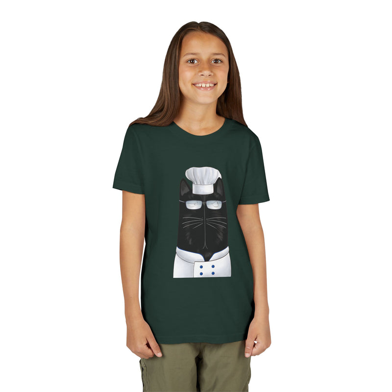 Kid wearing the Chef Cat tee in Forest