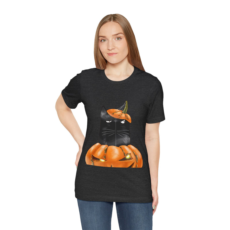 Pumpkin Cat tee in Dark Grey Heather, worn by a woman