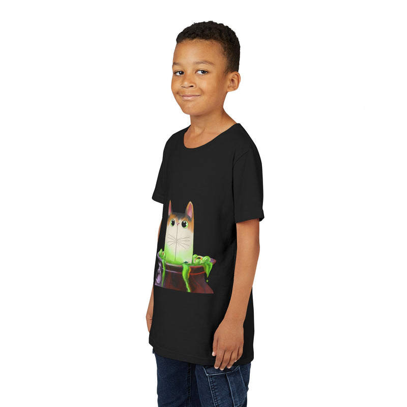 Cauldron Cat tee in Black, worn by a boy